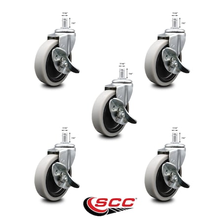 Service Caster 4 Inch Thermoplastic Wheel 7/8 Inch Grip Ring Stem Caster with Brakes, 5PK SCC-GR05S410-TPRS-SLB-71678-5